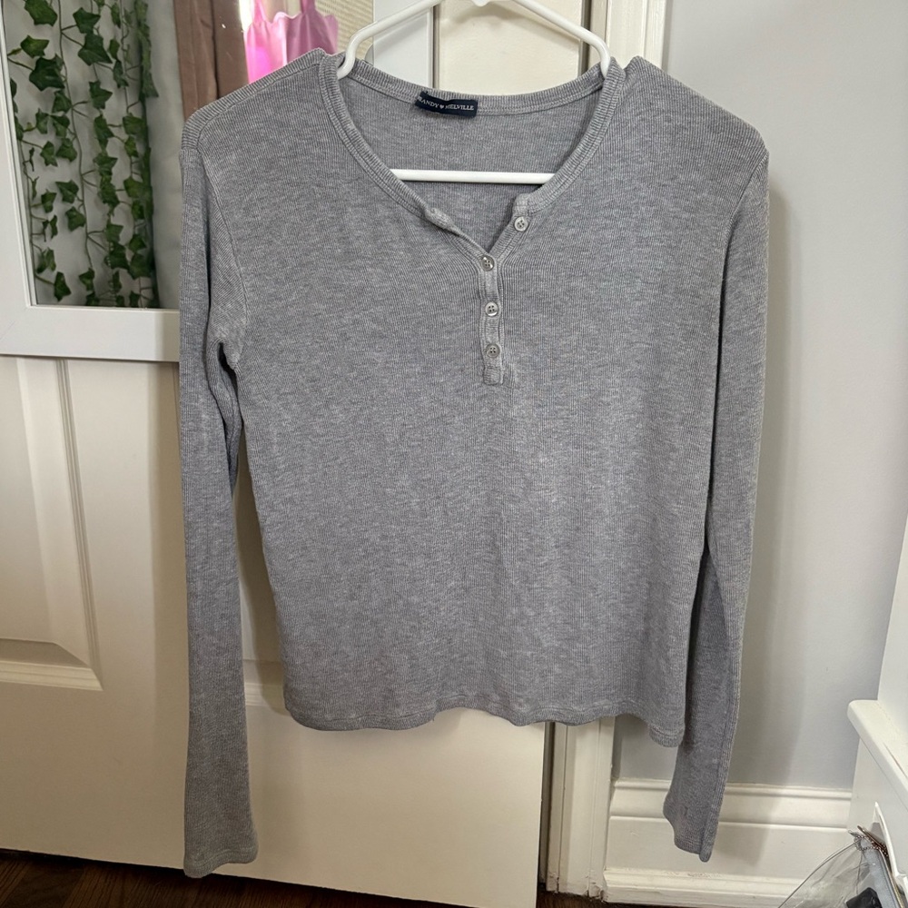 Brandy Melville Dark Gray Ribbed Henley Button Up Top